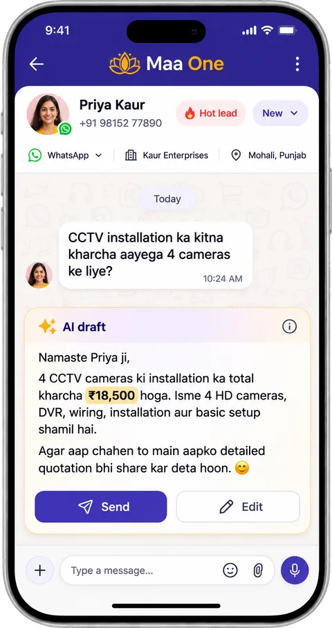 A WhatsApp enquiry in Maa One with an AI reply drafted in Hinglish, ready to send or edit