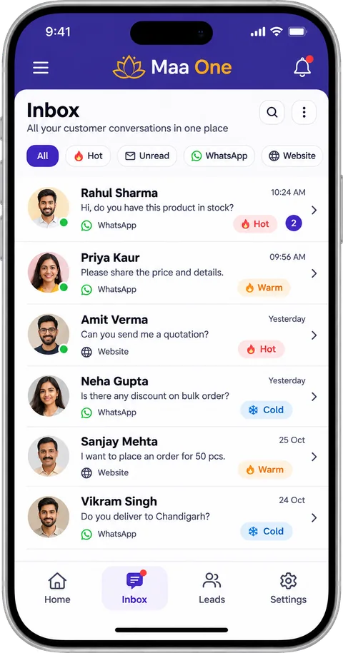 Maa One inbox with WhatsApp and website leads marked hot, warm or cold